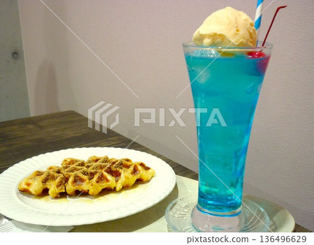 Cream soda and waffles at the cafe 136496629