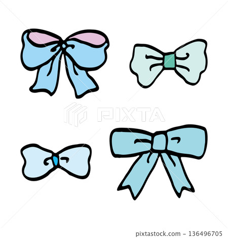 一組淺藍色系的可愛手繪絲帶插圖,可用於POP插圖。 一組淺藍色系的可愛手繪絲帶插圖,可用於POP插圖。 136496705