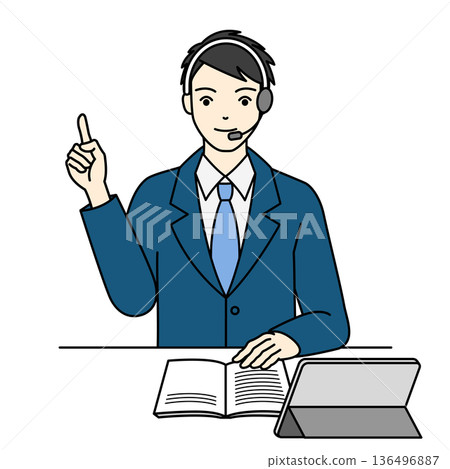 一名男性操作員在檢查材料的同時講解要點。 136496887