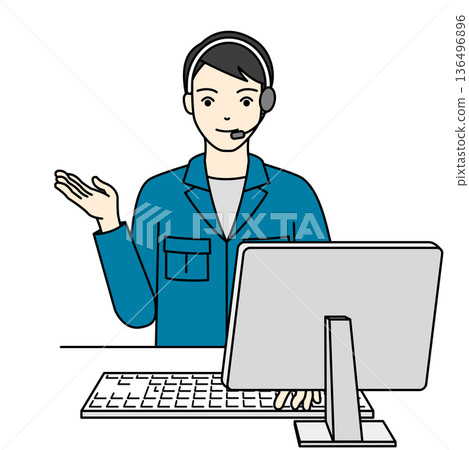身著工作服的男性技術支援人員正在電腦前提供指導。 136496896