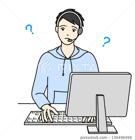 一個戴著耳機、表情憂慮的男人，似乎在問如何使用電腦。 136496898