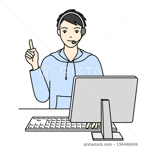 A male operator wearing a headset explaining key points while operating a computer A male operator wearing a headset explaining key points while operating a computer 136496899