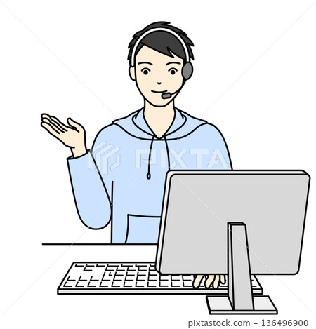 A male operator wearing a headset giving guidance and introductions in front of a computer A male operator wearing a headset giving guidance and introductions in front of a computer 136496900