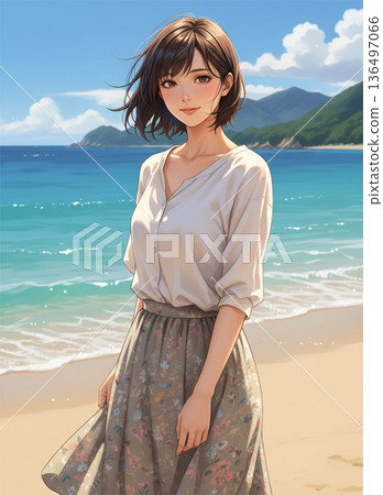 站立在一個沙灘的婦女 136497066