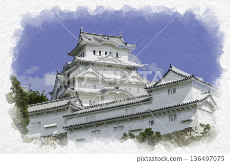 兵庫縣姬路市姬路城水彩風格天守閣 136497075