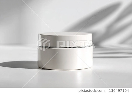 Blank white cream jar on a white background with soft, natural light and shadows. An elegant and minimalist mockup for beauty or skincare products. 136497104