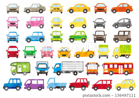 Watercolor illustration set of colorful cars (front and side) on white background / passenger cars, trucks, buses, campers 136497111