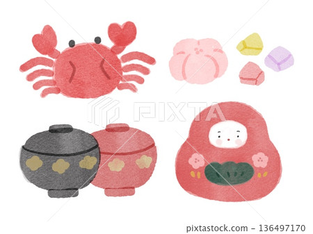 石川縣金澤市紀念品及特產水彩插畫套裝（螃蟹、日式點心、漆器、加賀八幡置綾） 136497170