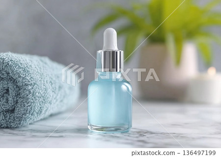 Light blue glass dropper bottle on white marble near potted green plant, towel and cosmetics in bathroom, close up, packaging mockup. Natural product for facecare, serum or essence 136497199