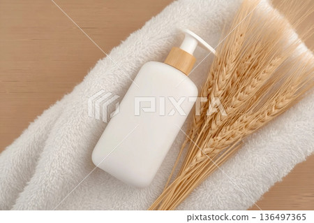 A white plastic container with a dispenser containing wheat on a white towel. Natural cosmetics. Top view. A white plastic container with a dispenser containing wheat on a white towel. Natural cosmetics. Top view. 136497365