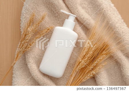A white plastic container with a dispenser containing wheat on a white towel. Natural cosmetics. Top view. A white plastic container with a dispenser containing wheat on a white towel. Natural cosmetics. Top view. 136497367