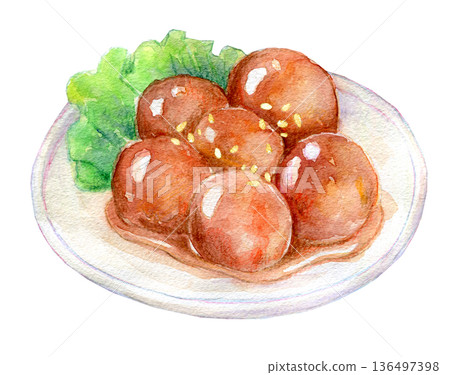 Watercolor illustration: Meatballs in sweet and sour sauce 136497398