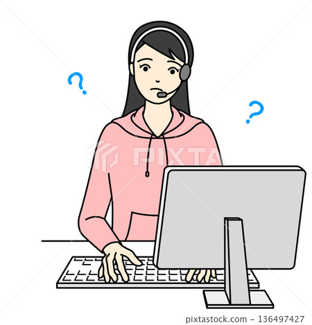 A female operator in casual clothes who is worried because she doesn't know how to operate the machine 136497427