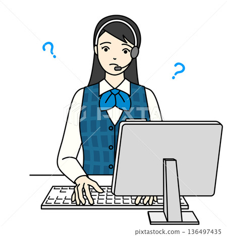 A female operator looking at a computer screen while responding to an inquiry and worrying A female operator looking at a computer screen while responding to an inquiry and worrying 136497435