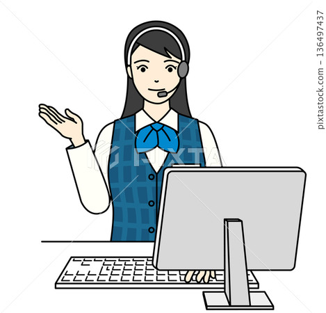 一名身穿制服的女接線生面帶微笑，在呼叫中心提供指導。 136497437