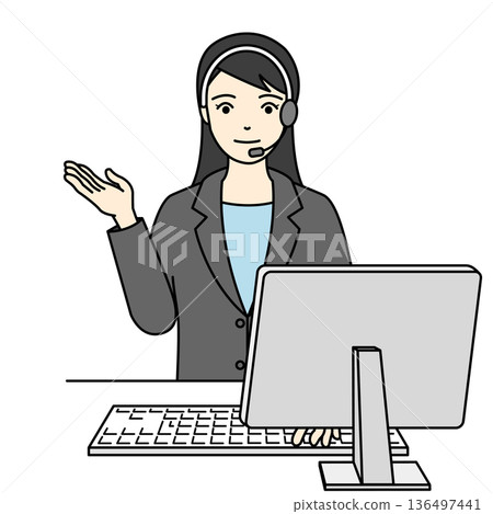 一位身穿西裝的女接線員面帶微笑地提供服務資訊。 136497441