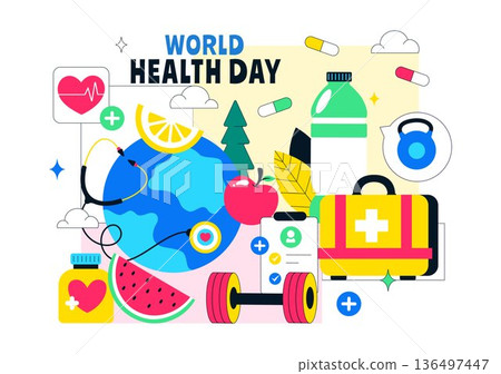 World Health Day Vector Illustration on April 7 Featuring Earth And Medical Equipment Highlighting The Importance Of Healthy Lifestyle in Background 136497447