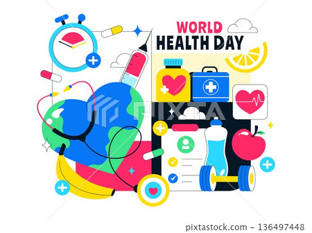 World Health Day Vector Illustration on April 7 Featuring Earth And Medical Equipment Highlighting The Importance Of Healthy Lifestyle in Background 136497448
