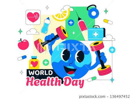 World Health Day Vector Illustration on April 7 Featuring Earth And Medical Equipment Highlighting The Importance Of Healthy Lifestyle in Background 136497452
