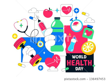 World Health Day Vector Illustration on April 7 Featuring Earth And Medical Equipment Highlighting The Importance Of Healthy Lifestyle in Background 136497453