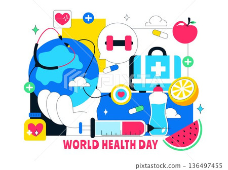 World Health Day Vector Illustration on April 7 Featuring Earth And Medical Equipment Highlighting The Importance Of Healthy Lifestyle in Background 136497455
