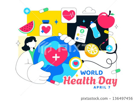 World Health Day Vector Illustration on April 7 Featuring Earth And Medical Equipment Highlighting The Importance Of Healthy Lifestyle in Background World Health Day Vector Illustration on April 7 Featuring Earth And Medical Equipment Highlighting The Importance Of Healthy Lifestyle in Background 136497456