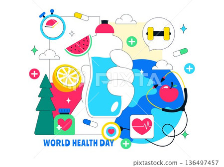 World Health Day Vector Illustration on April 7 Featuring Earth And Medical Equipment Highlighting The Importance Of Healthy Lifestyle in Background 136497457
