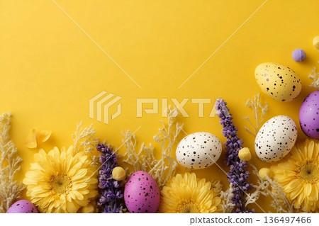Colorful Easter egg decorations and vibrant spring flowers styled creatively on yellow. This cheerful seasonal background evokes joy, Easter celebrations, and the freshness of spring festivities 136497466