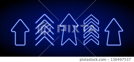 Bright blue neon up arrow element. Glowing led upward direction sign. Shine tube lamps in arrowhead shape. Luminous fluorescent rise symbol for banner, poster, logo. Vector neon led light illustration Bright blue neon up arrow element. Glowing led upward direction sign. Shine tube lamps in arrowhead shape. Luminous fluorescent rise symbol for banner, poster, logo. Vector neon led light illustration 136497537