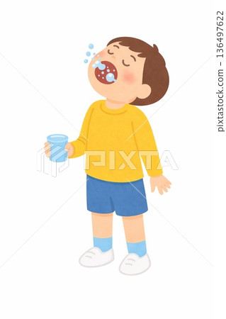 Full-body illustration of a child gargling with a cup 136497622