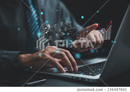 AI drives insights from data analytics, powering business strategy with complex information, predict outcomes using cutting edge analysis tools, and robotic tech enhanced by powerful AI capabilities 136497691
