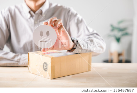 Feedback concept highlights customer experience showing online shopping delivery box for product review, survey reveals neutral satisfaction rating, impacting service reputation and business Feedback concept highlights customer experience showing online shopping delivery box for product review, survey reveals neutral satisfaction rating, impacting service reputation and business 136497697