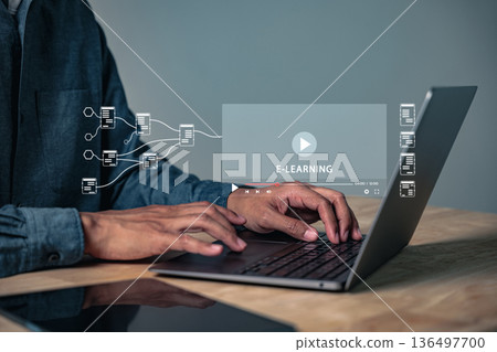 Learn digital skills and connect via e-learning, utilizing a video player on a laptop for online study, while diagrams help you learn with this virtual digital application network 136497700