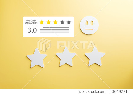 Customer satisfaction three star feedback shows neutral review for service quality, rating displays three yellow stars and straight face emoji conveys neutral feeling, three white stars rest below 136497711