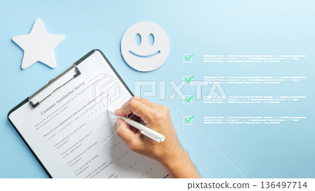 Hand completes customer satisfaction survey form on clipboard, providing valuable feedback with smiley face, star, and digital checklist indicating positive business review data Hand completes customer satisfaction survey form on clipboard, providing valuable feedback with smiley face, star, and digital checklist indicating positive business review data 136497714