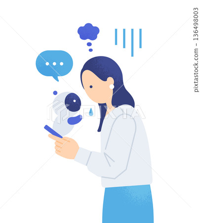 AI encourages and gives advice to a depressed woman. Vector illustration of a person confiding their worries to AI. 136498003