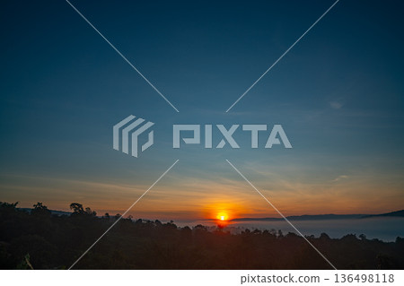 Untouched Mountain Wilderness Seen from the Sky at Sunset 136498118