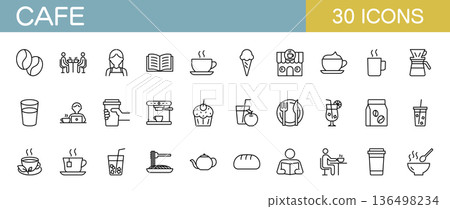 咖啡館圖示集 - 飲品、食物等。 136498234