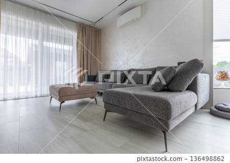 Modern Minimalist Living Room Interior with Large Grey Sofa Modern Minimalist Living Room Interior with Large Grey Sofa 136498862