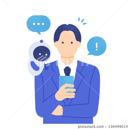 Mobile work with a reliable partner. Vector illustration of a man looking at a smartphone with AI. 136499014