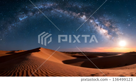 A breathtaking desert night scene featuring the Milky Way galaxy arching over vast sand dunes. A bright moon illuminates the horizon, creating a serene and majestic landscape under a star-filled sky. A breathtaking desert night scene featuring the Milky Way galaxy arching over vast sand dunes. A bright moon illuminates the horizon, creating a serene and majestic landscape under a star-filled sky. 136499123