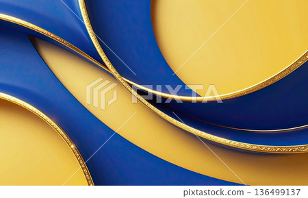 Luxury blue and yellow abstract wave ribbon background with metallic shine. 136499137