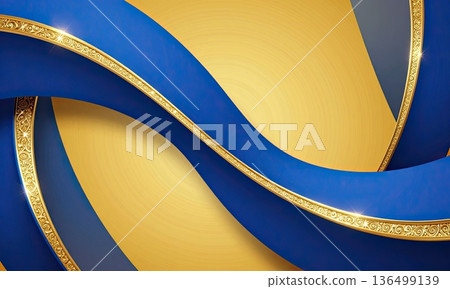 Luxury blue and yellow abstract wave ribbon background with metallic shine. 136499139