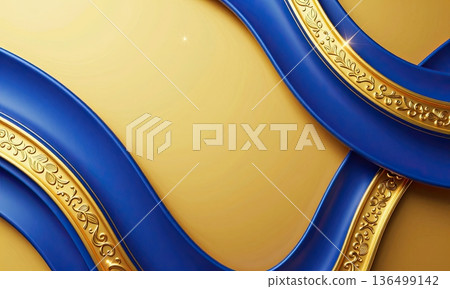 Luxury blue and yellow abstract wave ribbon background with metallic shine. Luxury blue and yellow abstract wave ribbon background with metallic shine. 136499142