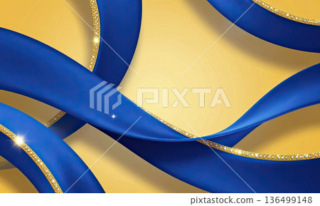 Luxury blue and yellow abstract wave ribbon background with metallic shine. Luxury blue and yellow abstract wave ribbon background with metallic shine. 136499148