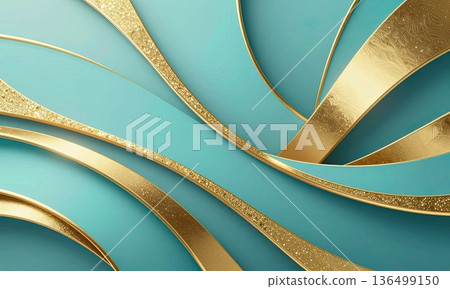 Luxury turquoise background with elegant gold wave ribbons and sparkling highlights. 136499150