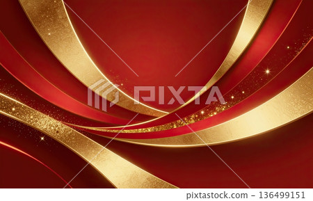 Luxury red background with elegant gold wave ribbons and sparkling glitter. 136499151