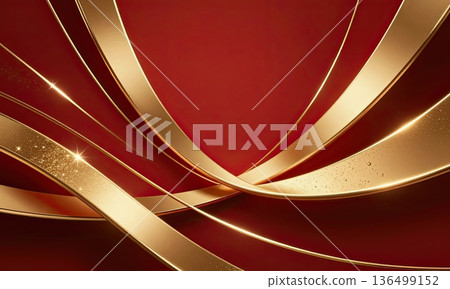 Luxury red background with elegant gold wave ribbons and sparkling glitter. 136499152