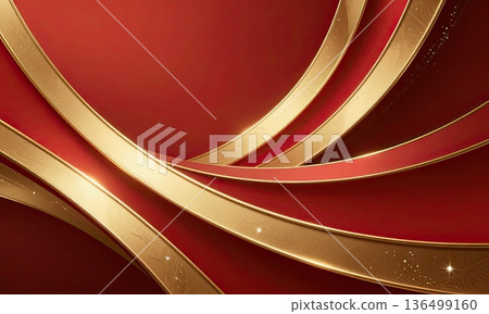 Luxury red background with elegant gold wave ribbons and sparkling glitter. 136499160