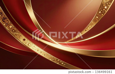 Luxury red background with elegant gold wave ribbons and sparkling glitter. Luxury red background with elegant gold wave ribbons and sparkling glitter. 136499161